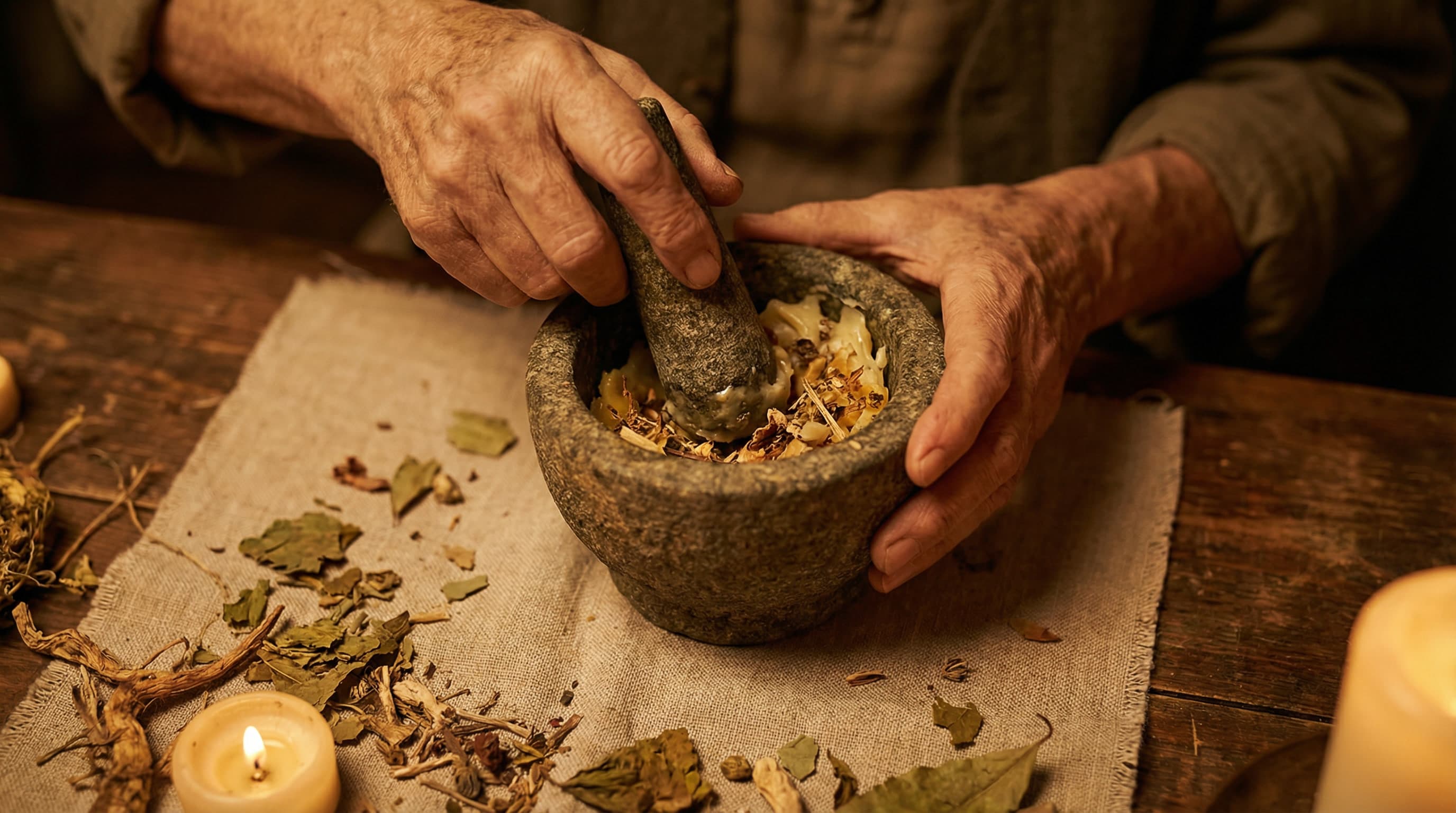 Weathered hands of an ancient healer grinding tallow and botanicals