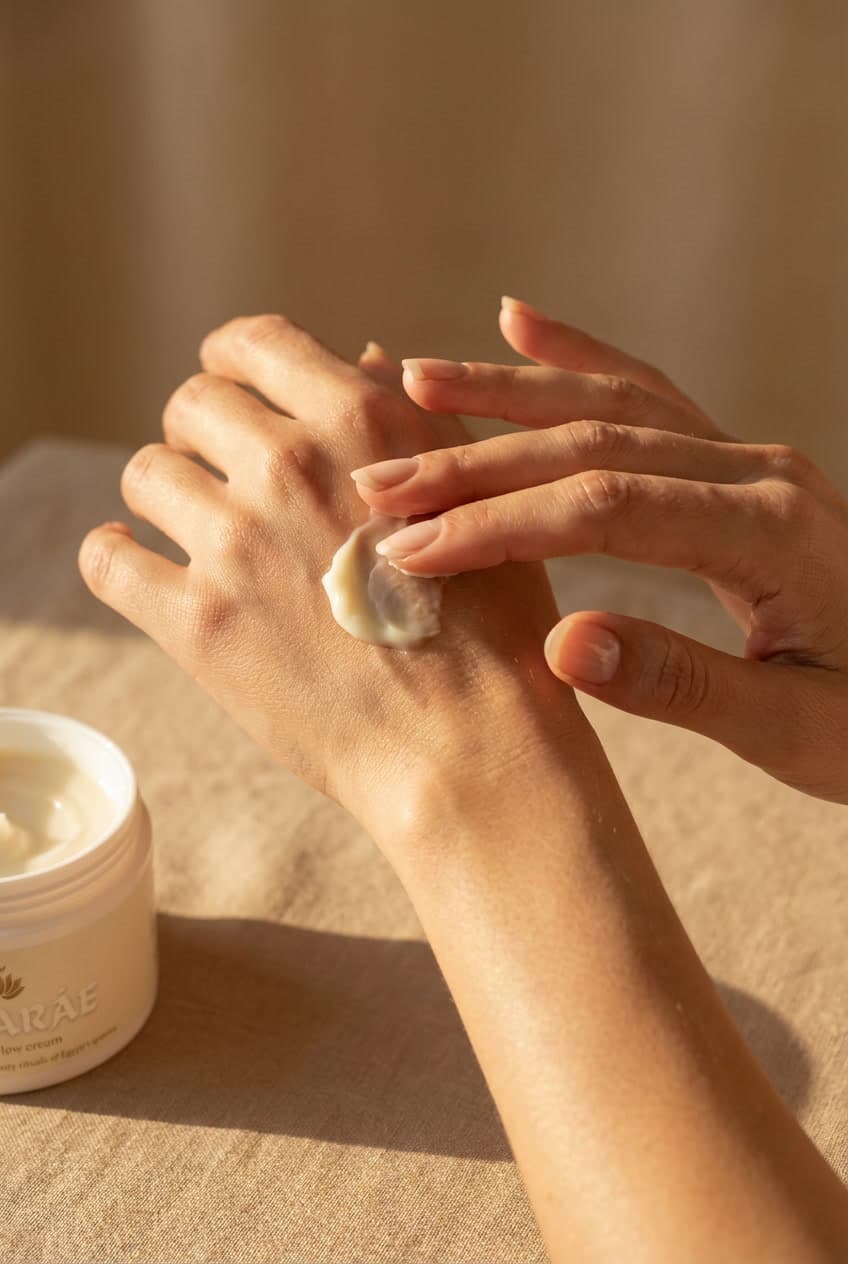 Hands gently applying Royal Tallow Cream